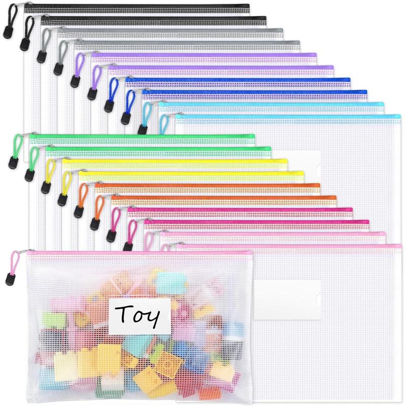 20 Pack Mesh Zipper Pouch Bags, Zipper Bags with Label Pocket, Waterproof Zipper Pouches for Classroom Organization, Board Game Storage, Document Bag for Office School Supplies Organiser