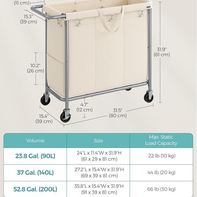 SONGMICS HOME Laundry Basket with Wheels, Rectangular Rolling Laundry Hamper, Removable Liner, Steel Frame with Handle, Blanket Storage, Organiser