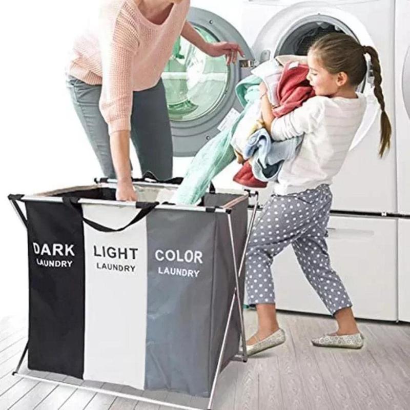 Laundry Basket Cloth Hamper Sorter Basket Foldable 3 Sections with Aluminum Frame Organiser