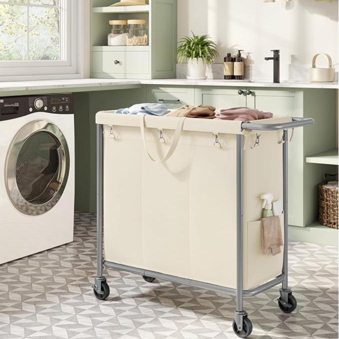 SONGMICS HOME Laundry Basket with Wheels, Rectangular Rolling Laundry Hamper, Removable Liner, Steel Frame with Handle, Blanket Storage, Organiser