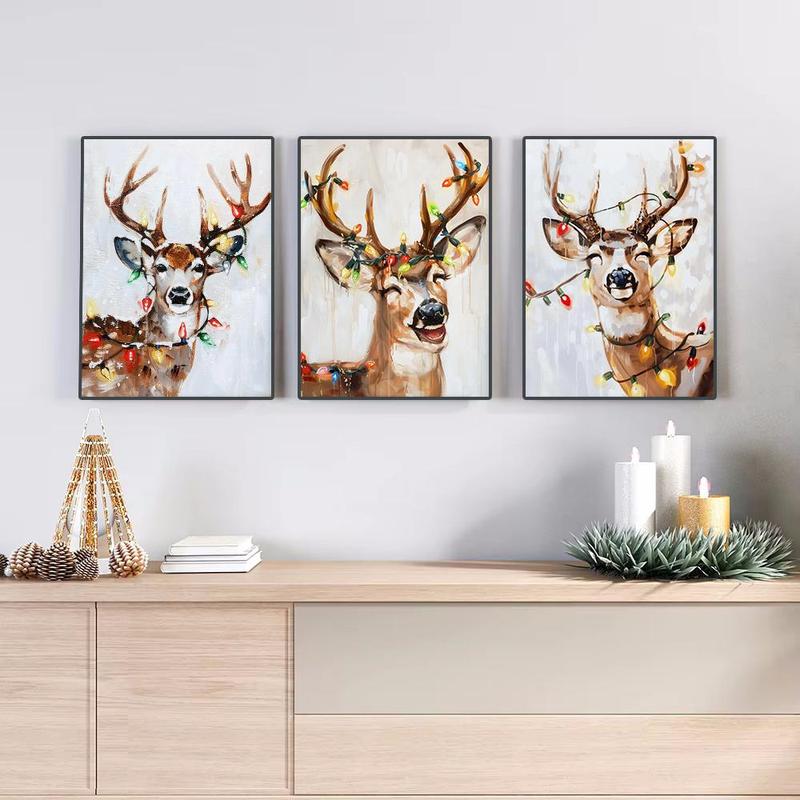 Christmas Deer Pattern Canvas Painting without Frame, 3 Counts set Modern Wall Art Painting, Wall Art Decor for Home Living Room Bedroom Office Gallery