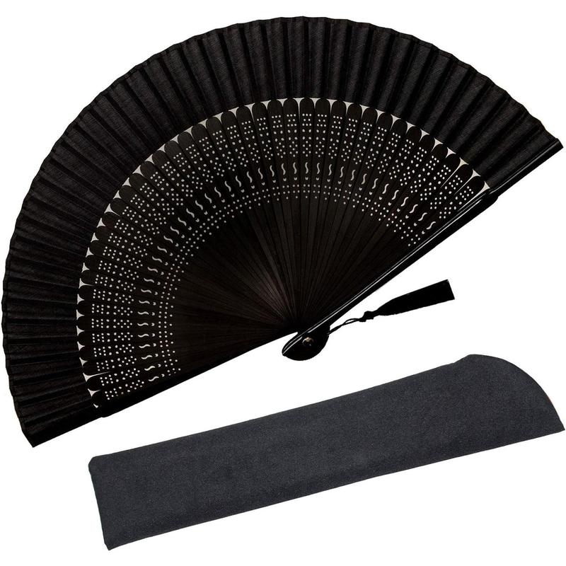 Small Folding Hand Fan - Chinese Japanese Vintage Bamboo Silk Fans - for Dance, Performance, Decoration, Wedding, Party, Gift (Sexy Black)