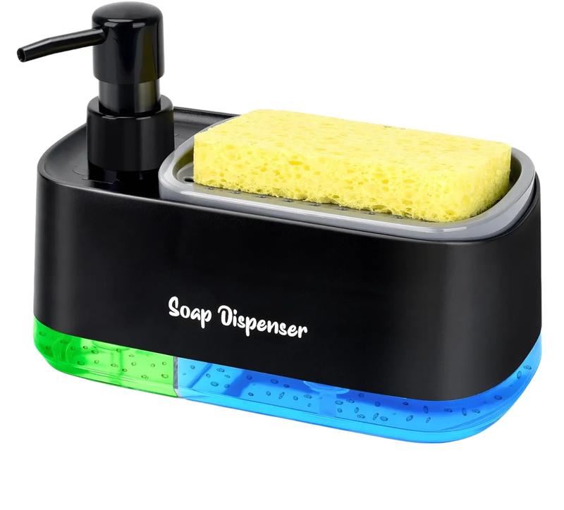 [Offer] Hand and Dish Soap Dispenser for Kitchen, Dual Soap Dispenser with Sponge Holder, 3-in-1 Countertop Soap Pump Dispenser, Kitchen Gadgets Black