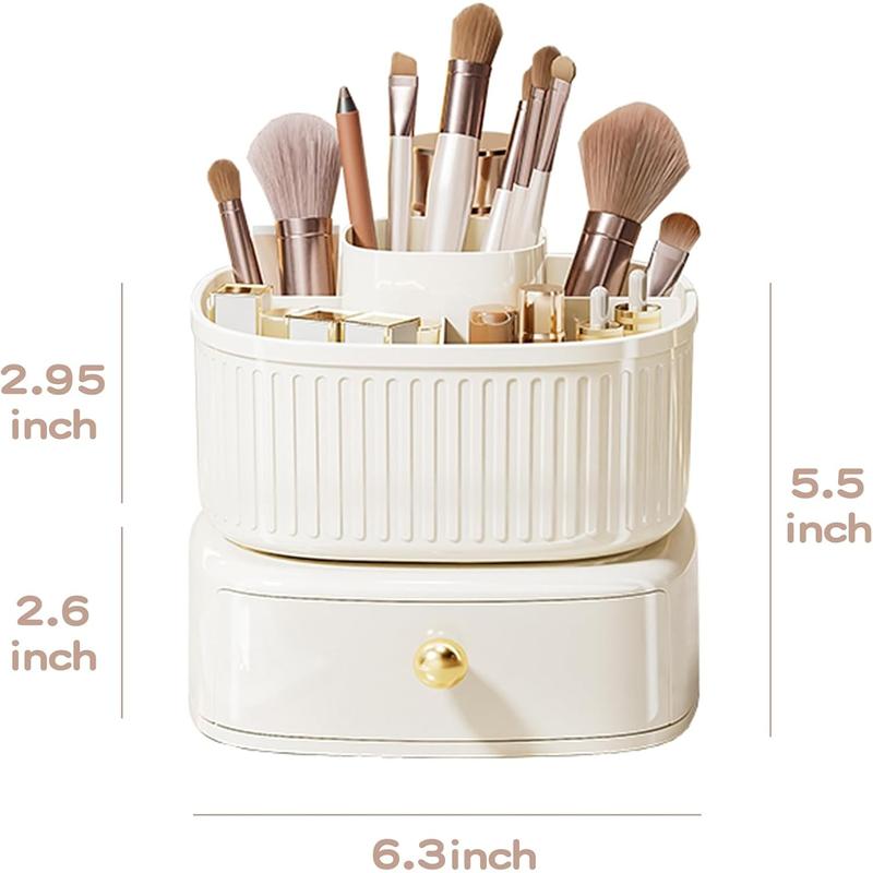 360° Rotating Makeup Brush Holder Organizer with Drawer, Cosmetic Makeup Organizers , Makeup organization and Skincare Storage for Vanity, Desktop, Bathroom (Ivory) Boxes