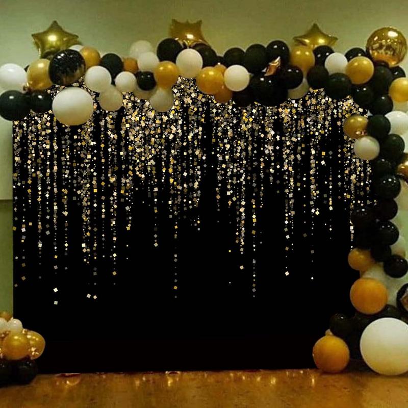 7x5 FT Black and  Bokeh Party Backdrop Photo Black and  Glitter Bokeh Sequin Spots Birthday Anniversary Photography Background Golden Sparkle Banner Photo  Bath Decoration