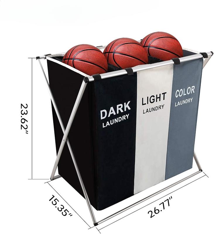 3 Section Laundry Basket Printed Dark Light Color, Foldable Hamper Sorter with Waterproof Oxford Bags and Aluminum Frame,Clothes Toys in the Dorm & Family Closet Storage Container and Organizer