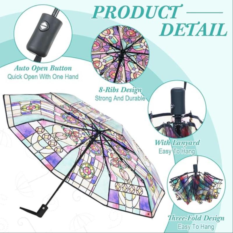 Stained Glass Pattern Folding Umbrella, 1 Count Creative Colorful Umbrella, Automatic Style Umbrella for Women & Men, Party & Festive Decoration Supplies