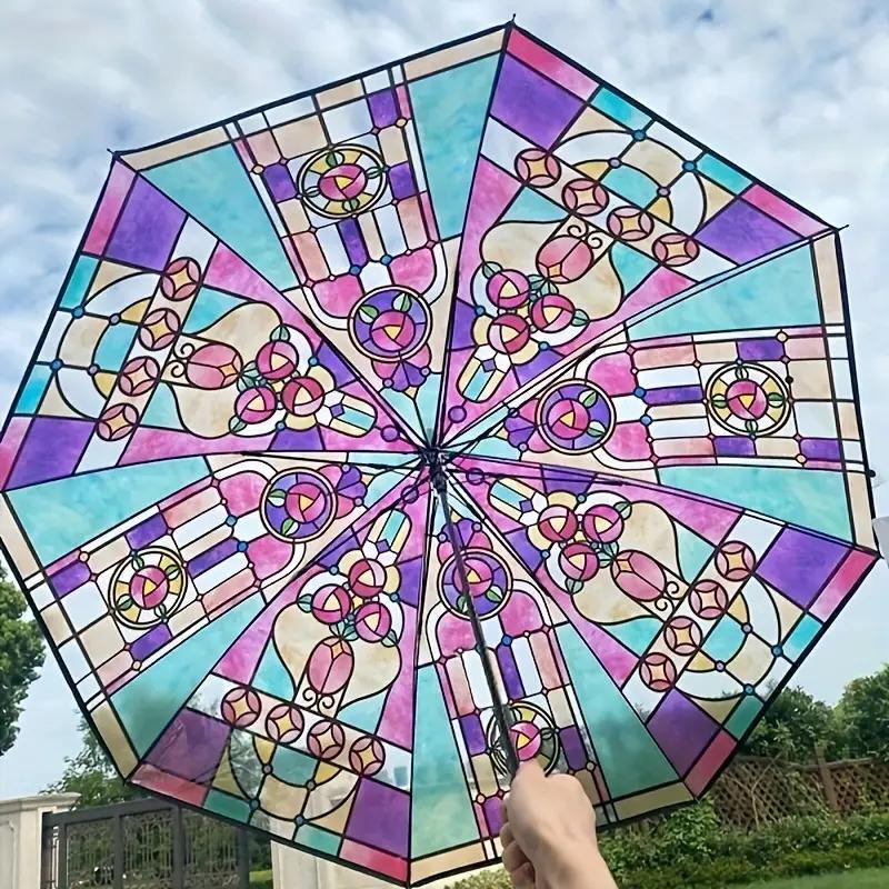 Vintage Geometric Pattern Umbrella, 1 Count Creative Clear Umbrella, Portable Foldable Umbrella for Women & Men,  Folding Umbrella, Umbrella for Outdoor Activities, Room Accessories for 2024