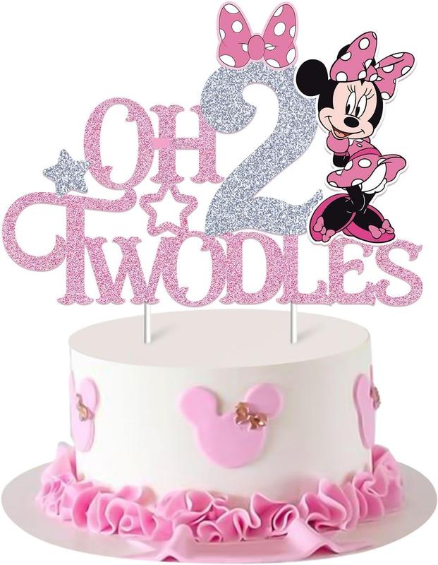 Mouse Oh Twodles Cake Topper for Girls, Pink Glitter Mouse Second 2nd Birthday Cake Topper with Pink Bows for Girls Birthday Party Decorations Supplies(Double-sided), &pink (&pink)