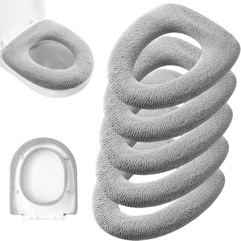 5 Pack Thicker Bathroom Toilet Seat Cover Pads- Soft Warmer Toilet Seat Cushion Cover Stretchable Washable Fiber Cloth, Easy Installation Comfortable Toilet Lid Seat Cover(Knit Elongated Gray)