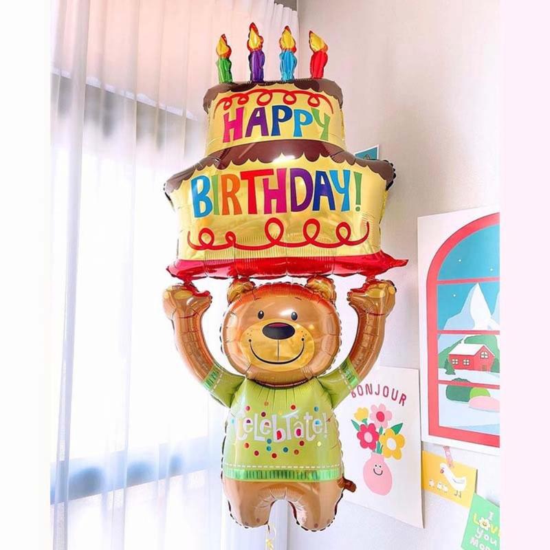 Cartoon Bear Lift Cake Design Balloon, Cute Birthday Party Decoration Balloon, Atmosphere Scene Layout Decoration Supplies for Birthday Ceremony Anniversary Party