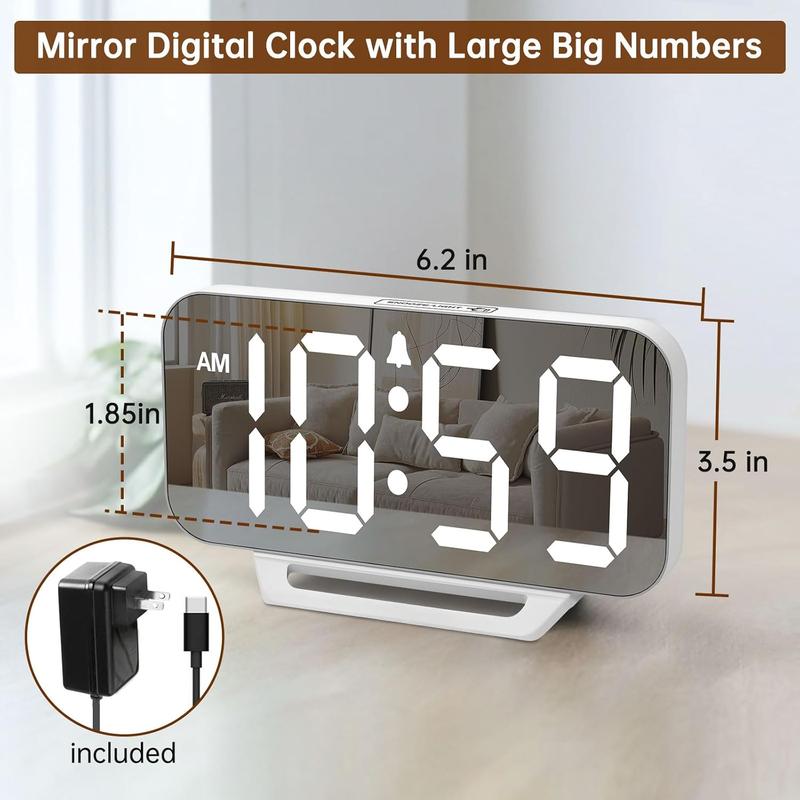 Slim Digital Mirror Clock, Aesthetic Alarm Clock for Desk - Plug in Electric Clock Big LED Modern Decorative Small Table Clock for Office Living Room, 6 Dimmers