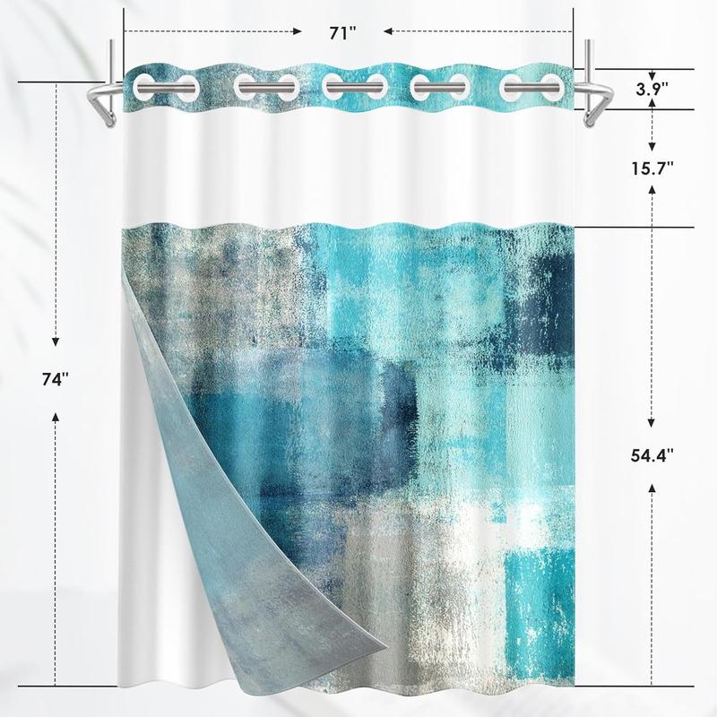 No Hook Turquoise Grey Painting Shower Curtain with Snap in Fabric Liner Set, Waterproof with See Through Mesh Top Window, Contemporary Teal Gray Abstract Bath Curtain 71x74 Inch