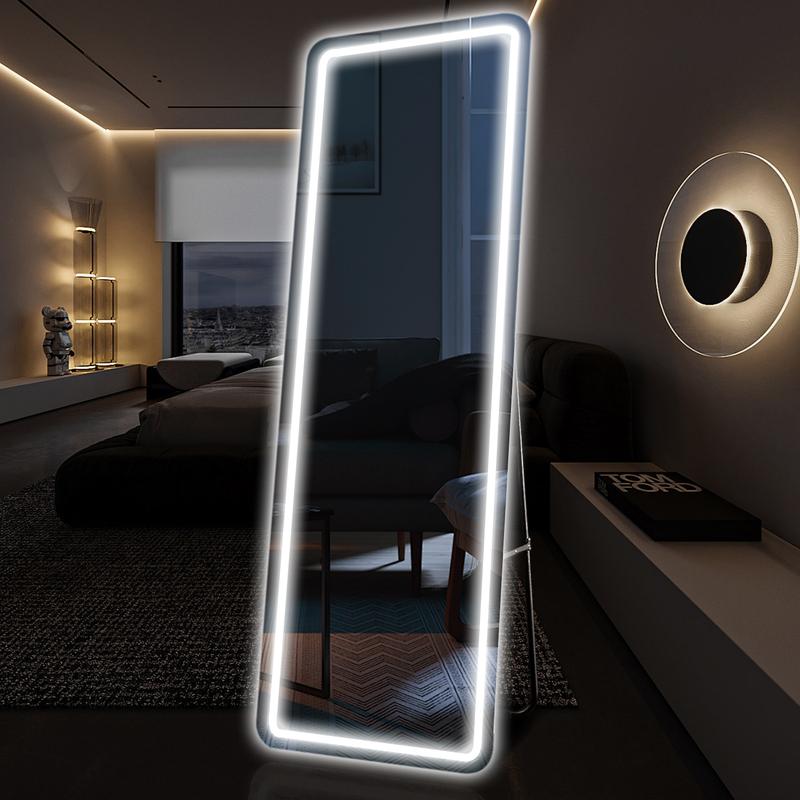 PINGO 3 Color LED Stand Mirror, Sturdy and Durable Floor Mirror with Dimmable Adjustable Brightness, No Assembly Required, For Home Bedroom, For Girl Lady Women, 62*16inch