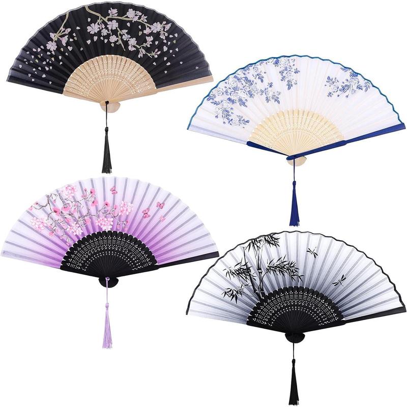 4 counts Folding Fans Bamboo Handheld Fans Silk Fabric Fans Hand Holding Fans For Party, Wedding, Gifts, Wall Decoration Light Props