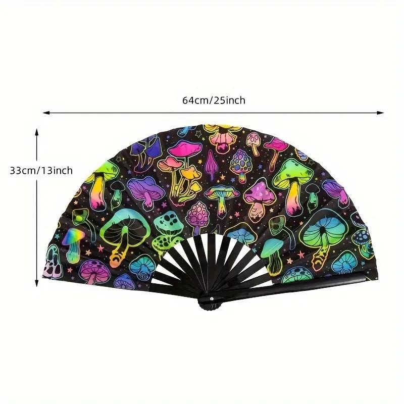 Folding Hand Fan, Festival Rave Fan With Colorful Mushroom Pattern, Handheld Clack Fan For Women