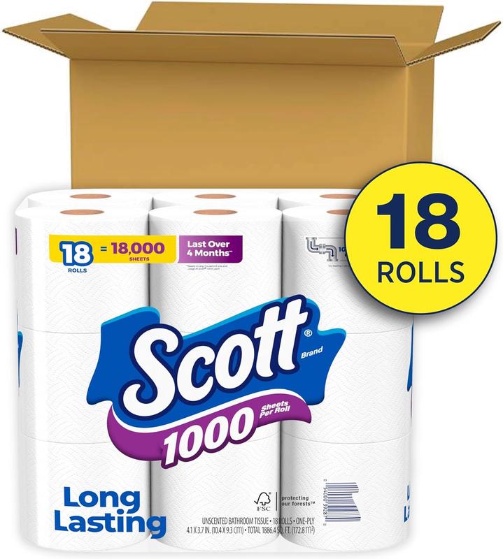 1000 Toilet Paper, 18 Rolls, Septic-Safe, 1-Ply Toilet Tissue