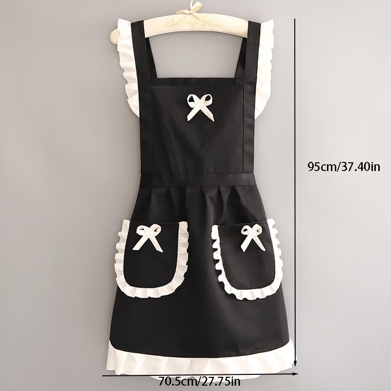 Bow Decor Ruffle Trim Apron, Kitchen Female Cooking Apron with Pocket, Cute Anti-oil Catering Work Clothes for    Coffee Shop