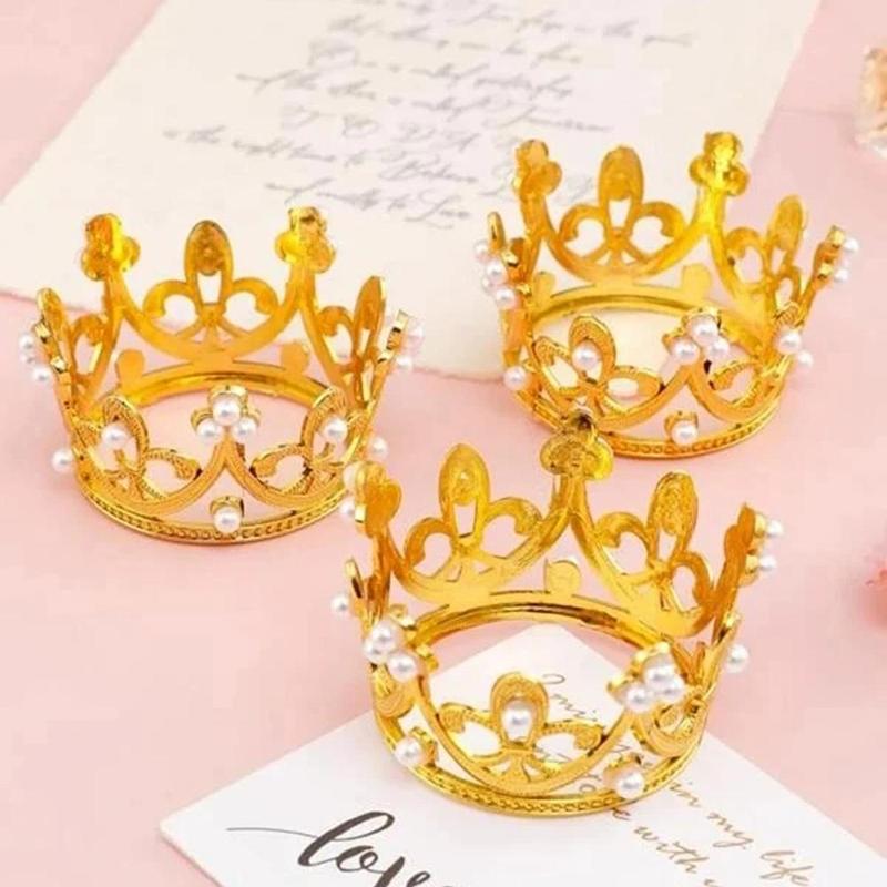 Spring Faux Pearl Decorated Cake Topper, 6pcs set Crown Design Cake Decoration, Cake Decoration Supplies for Birthday Party Wedding