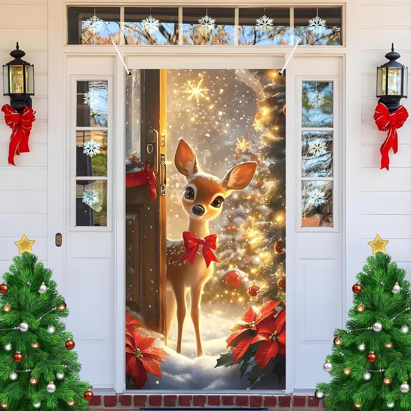 Christmas Themed Door Curtain, 1 Count Cute Reindeer Pattern Door Banner, Festive Backdrop for Home Living Room Bedroom, Party Decoration Supplies