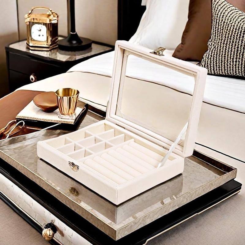 Jewelry Organizer Tray Box Jewelry Ring Display Organiser Tray Holder Earrings Storage Display Case for  Wife Mom Women, Jewelry Organizer with Clear Lid