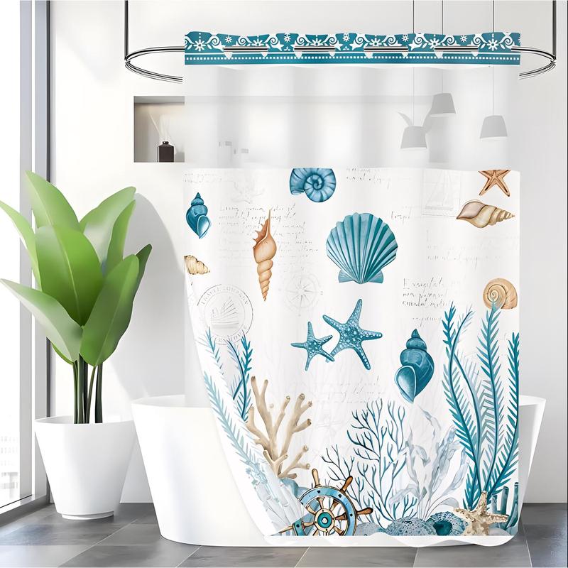 Blue Sea Life Pattern Shower Curtain, 1 Count 2 Layers Waterproof Bathroom Curtain, Bathroom Decor Supplies for Home Hotel Salon Dormitory Decoration, Home Goods