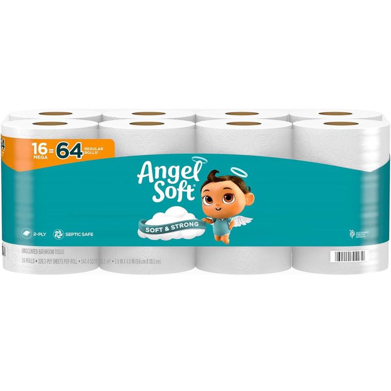 Angel Soft Toilet Paper, 16 Mega Rolls = 64 Regular Rolls, Soft and Strong Toilet Tissue soft toilet paper