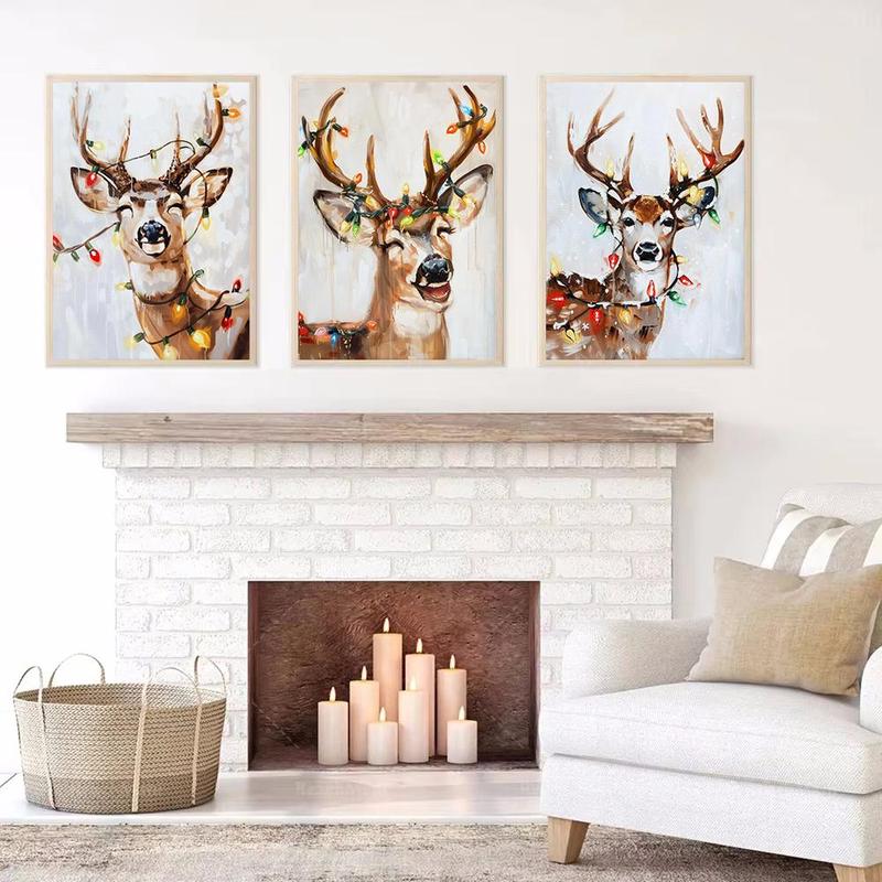 Christmas Deer Pattern Canvas Painting without Frame, 3 Counts set Modern Wall Art Painting, Wall Art Decor for Home Living Room Bedroom Office Gallery