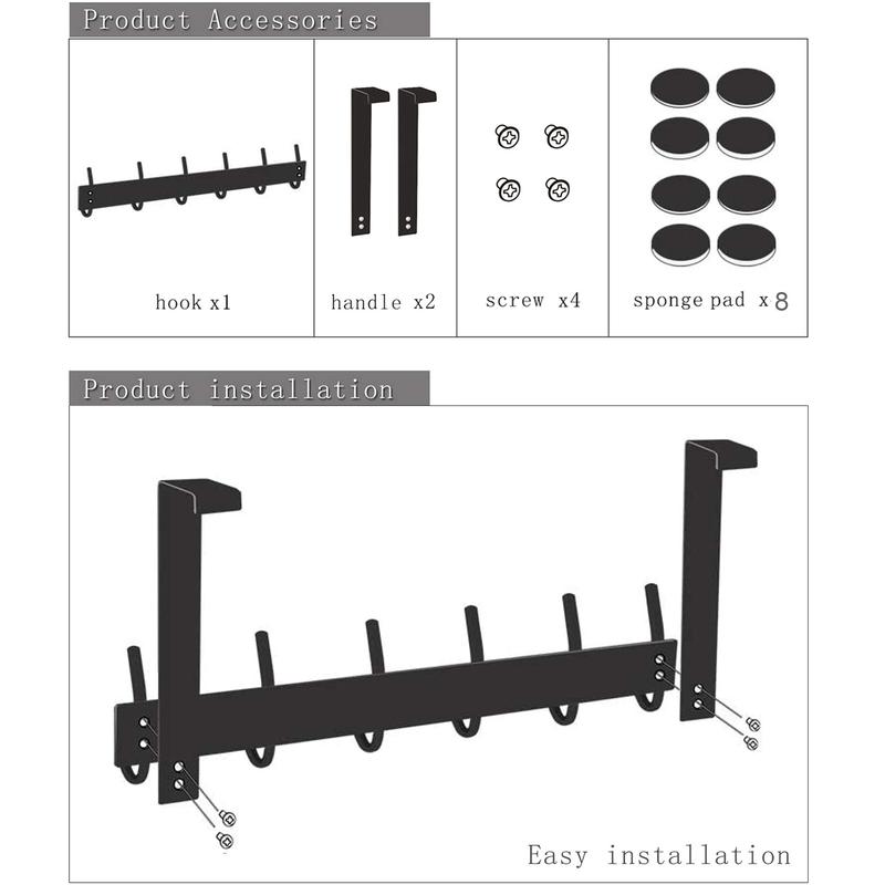 Over The Door Hook, Stainless Steel Heavy Duty Over Door Hanger Holder for Coat Robe Hat Clothe Towels Hanging, Bathroom Organizer Towel Rack 12 Hooks, Matte Black