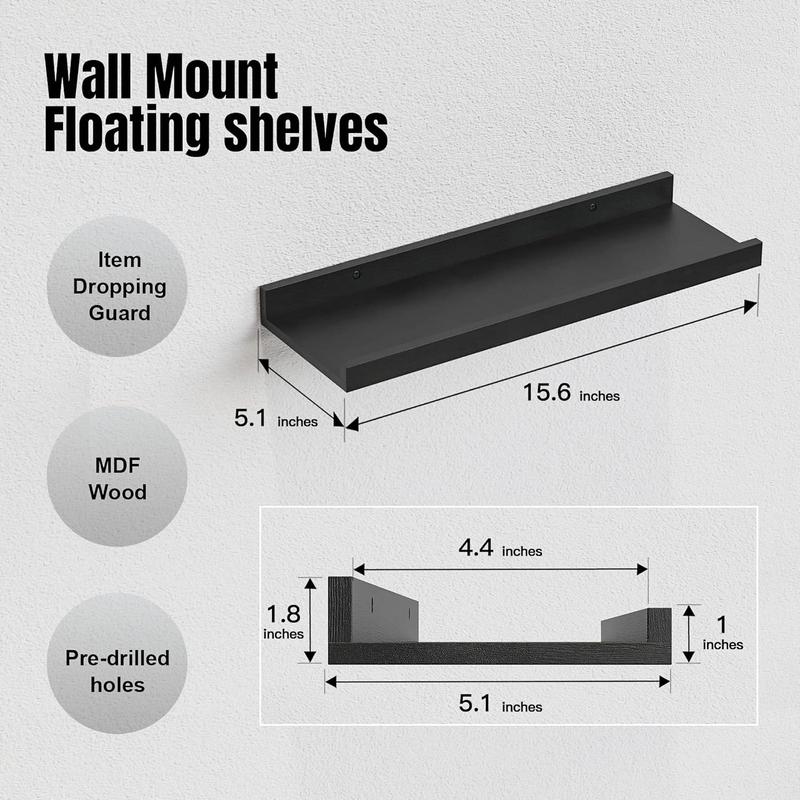 5 Set Floating Wall Mounted Shelves, Black Shelves for Wall Decor, Modern Picture Ledge Shelf with Lip for Storage, Nursery, Bedroom, Living Room, Bathroom - Black