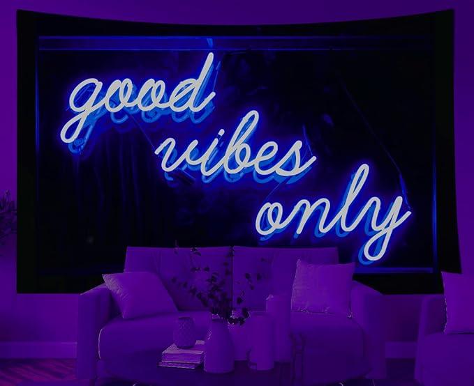 Wall Tapestry Good Vibes Only Words Blue Neon Tapestry for Bedroom Living Room Outdoor 50X60 Inch