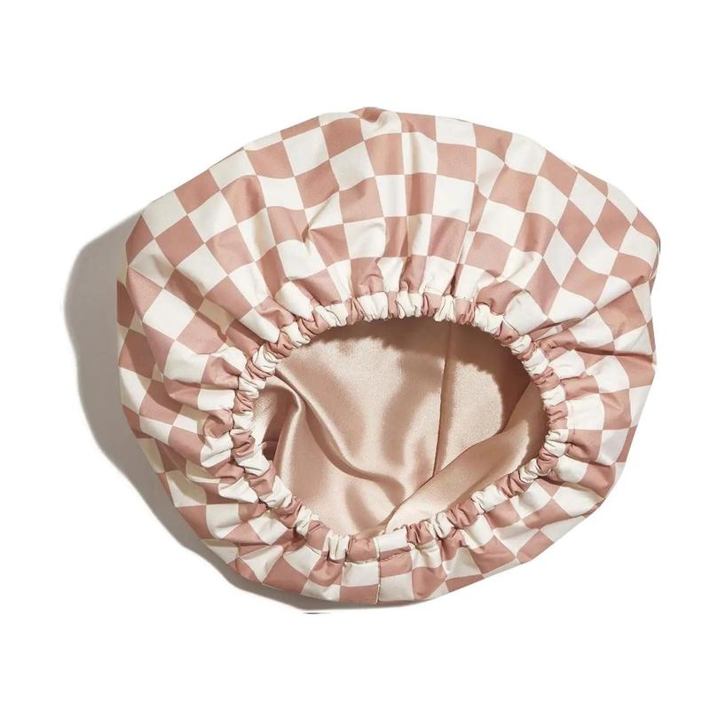 Satin Lined Flexi Shower Cap - Terracotta Checker from KITSCH Adjustable Waterproof