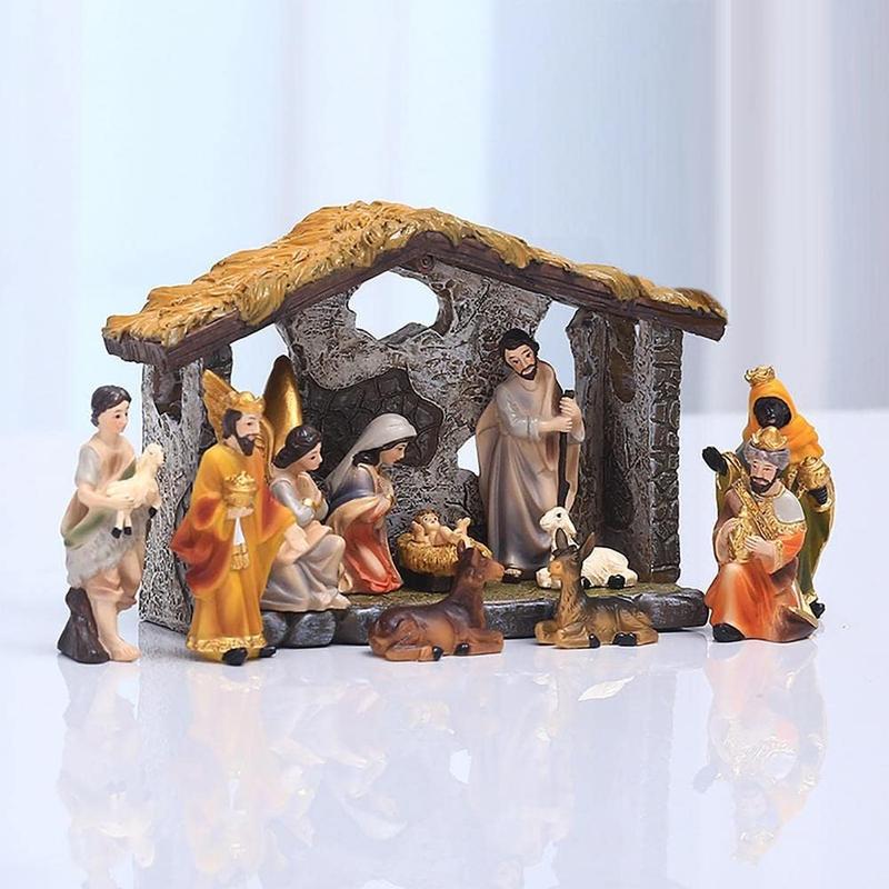 MOOCOCO Christmas Nativity Figurine Set Jesus Manger Scene,Hand Resin Craft Statue,Baby Jesus Holy Family Statue,12 Pc