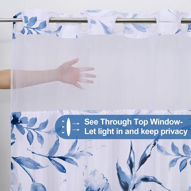 No Hook Shower Curtain with Snap Liner, Blue Floral Shower Curtain and Liner Set, See Through Shower Curtain with Window, Double Layer, Waterproof shower curtain