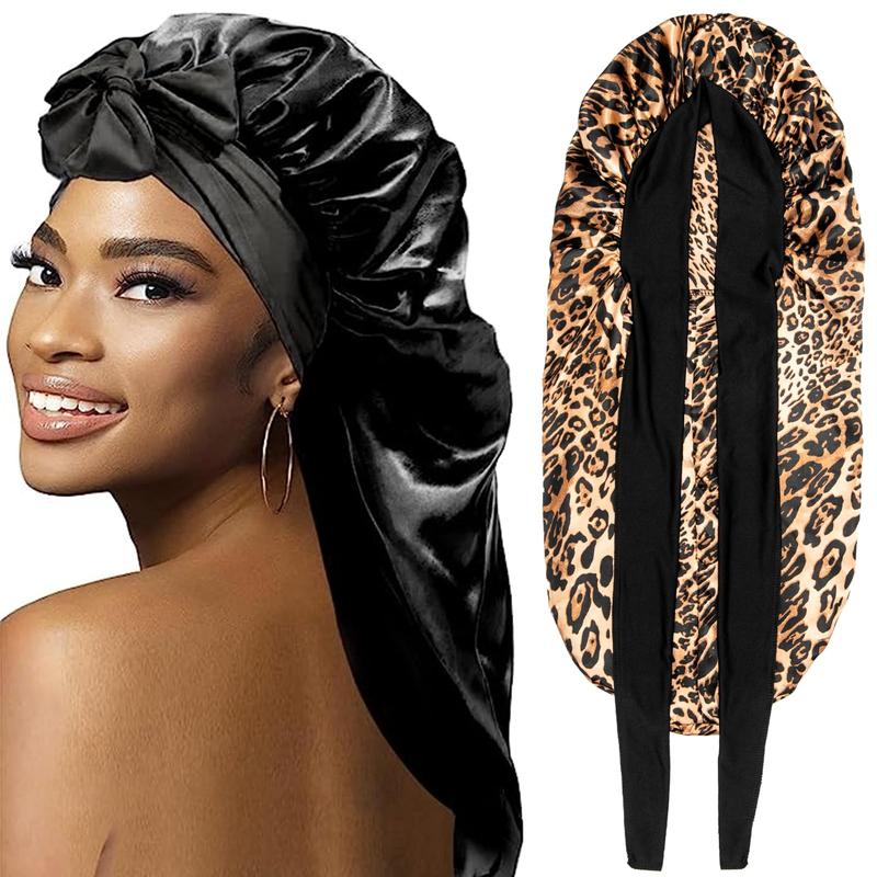  Bonnets for Black Women Braid Bonnet Large Long Satin Silk Bonnet with Stretchy Tie Band Sleep  Shower Cap Hair 2 Count Black&Leopard