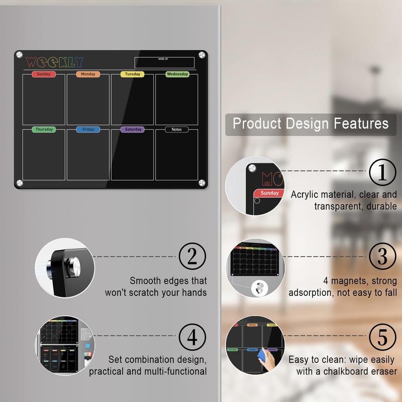 Hivillexun 3-Pack Black Acrylic Magnetic Dry Erase Boards Set - Streamline Your Organization on Refrigerators, Walls, and Fridges with Monthly, Weekly Calendars and Daily Notepads Decor