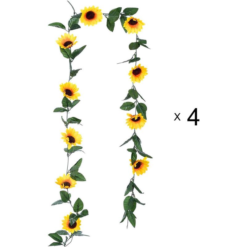 4 Pack Artificial Sunflower Garland - Silk Sunflower Vine Artificial Flowers Garland with Green Leaves for Wedding Party Table Decoration