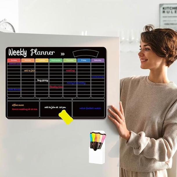 Large Magnetic Calendar for Refrigerator with Dry Erase and 6 Color Markers Monthly & Weekly Planner Black Board for Fridge Wall Refrigerator  .