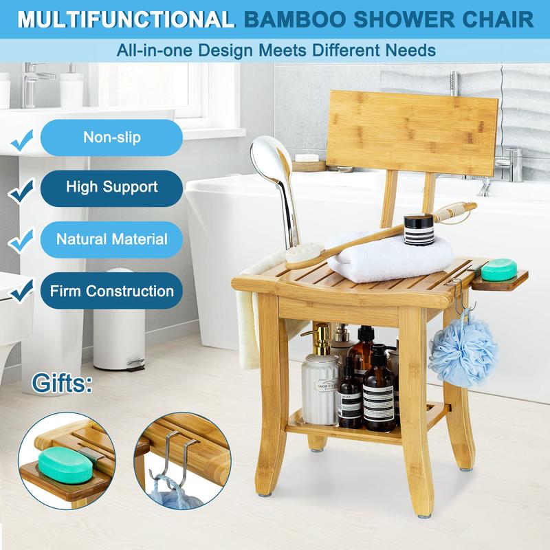 Bamboo Shower Bench with Back and Soap Dish