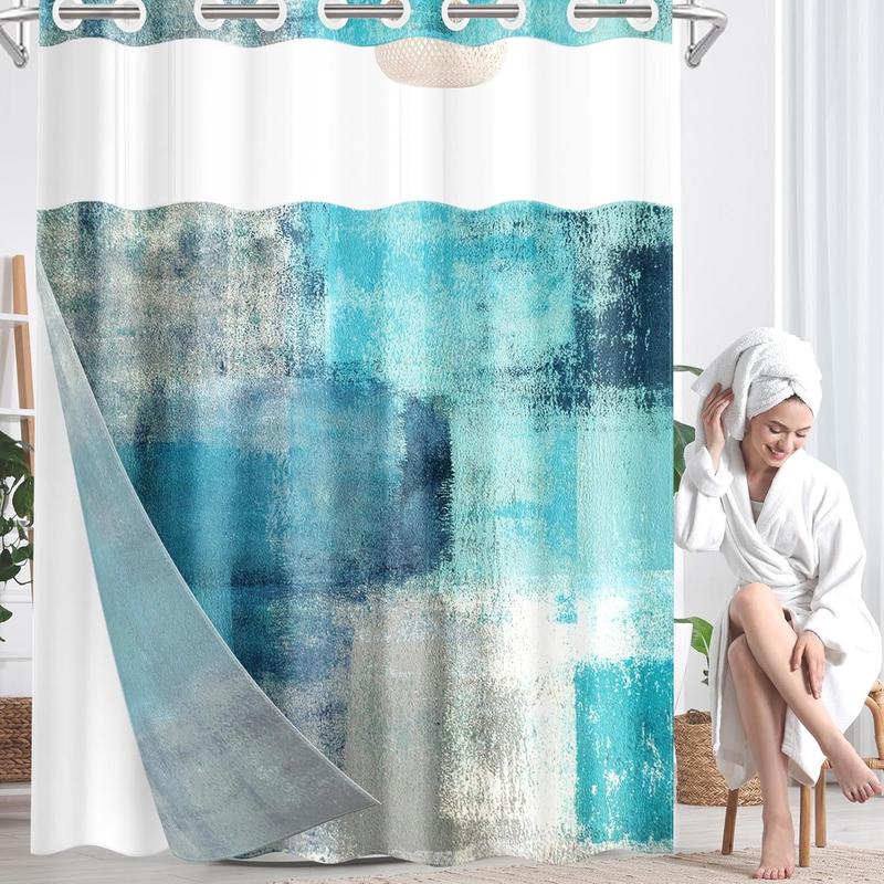 No Hook Turquoise Grey Painting Shower Curtain with Snap in Fabric Liner Set, Waterproof with See Through Mesh Top Window, Contemporary Teal Gray Abstract Bath Curtain 71x74 Inch