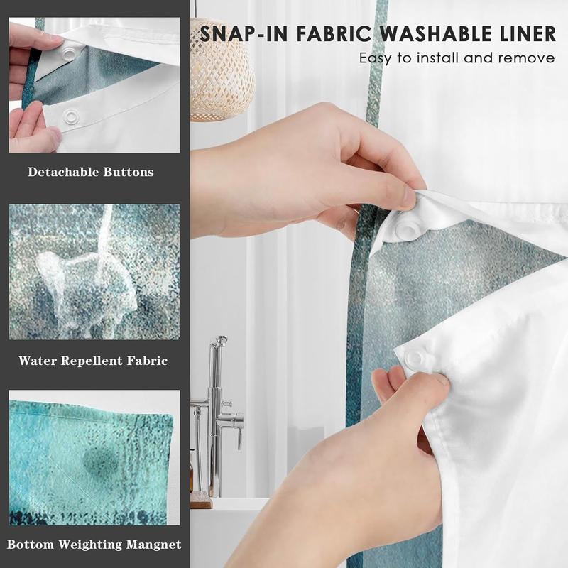 No Hook Turquoise Grey Painting Shower Curtain with Snap in Fabric Liner Set, Waterproof with See Through Mesh Top Window, Contemporary Teal Gray Abstract Bath Curtain 71x74 Inch