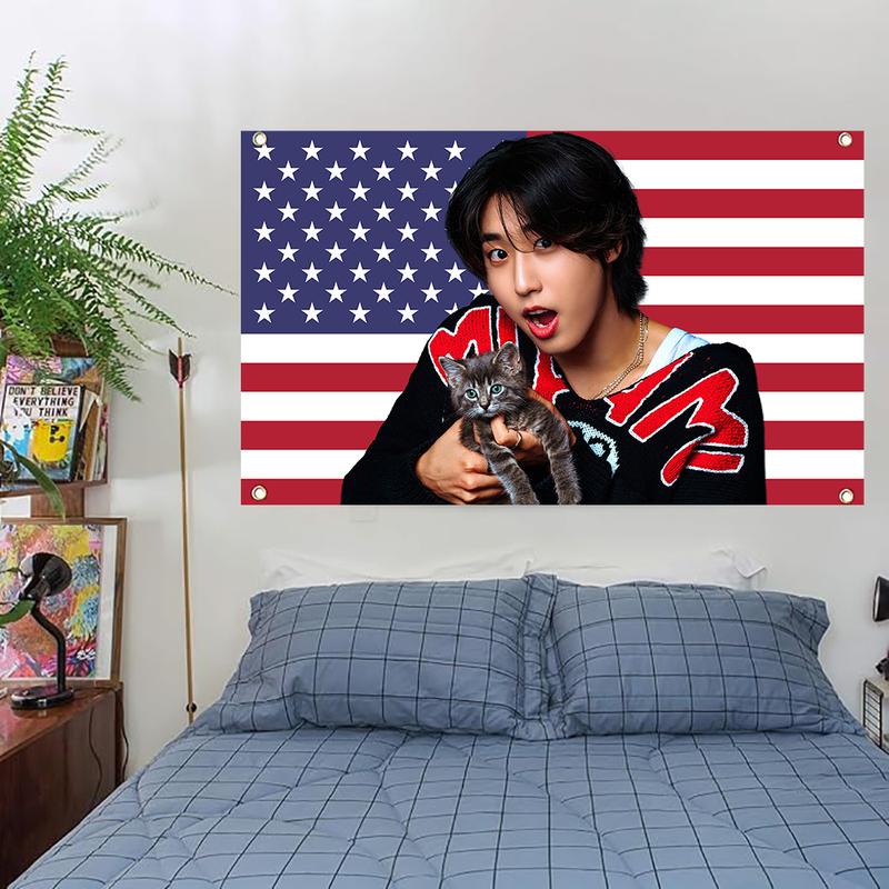 SKZ Han with a Kitten American Flag 3x5ft K-Pop Tapestry, K-Pop Merchandise, Fan Gifts, Wall Hanging, Room Decor, Wall Hanging, Fan Art