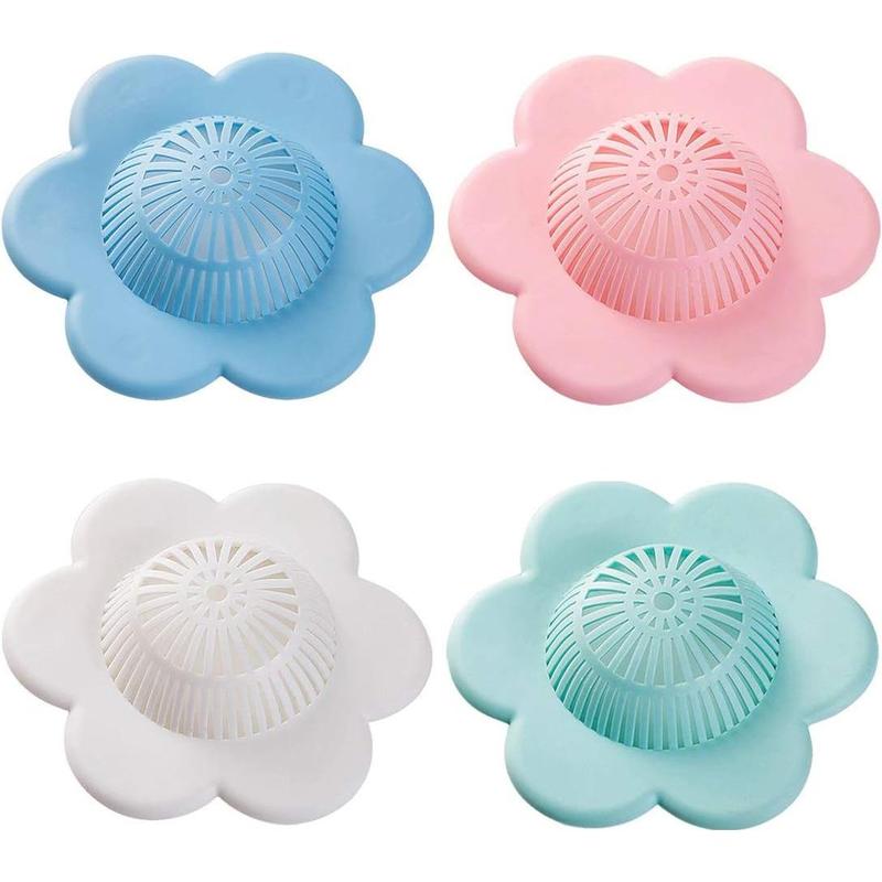 Silicone Flower Shaped Hair Catcher, 4 Counts Shower Drain Cover with Suction Cup, Bathroom Gadgets