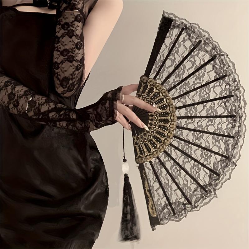 Women's Black Lace Folding Fan-Traditional Chinese Style, Handheld Flower Pattern, Perfect for Role Play with Cheongsam Accessories