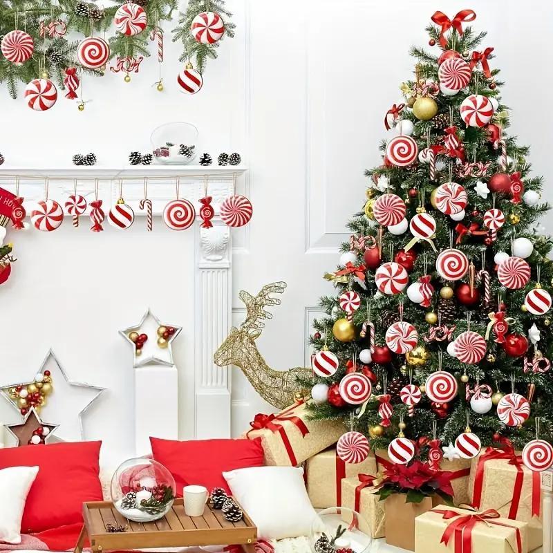 Wooden Candy & Cane Shaped Hanging Ornament, 24pcs set Colorful Christmas Tree Hanging Decoration with Rope, Holiday Party Decoration Supplies