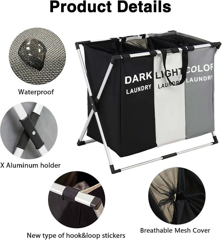 3 Section Laundry Basket Printed Dark Light Color, Foldable Hamper Sorter with Waterproof Oxford Bags and Aluminum Frame,Clothes Toys in the Dorm & Family Closet Storage Container and Organizer