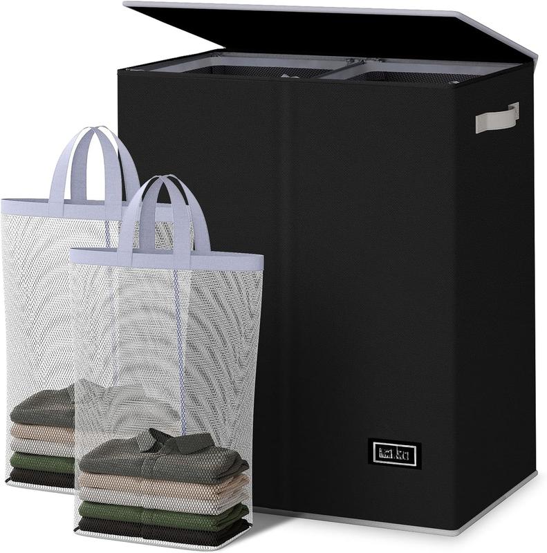 Double Laundry Hamper with Lid and Removable Laundry Bags - Large Dirty Clothes Hamper 2 Section - Collapsible Laundry Baskets for Bedroom, Bathroom, Laundry room, Apartment, Black