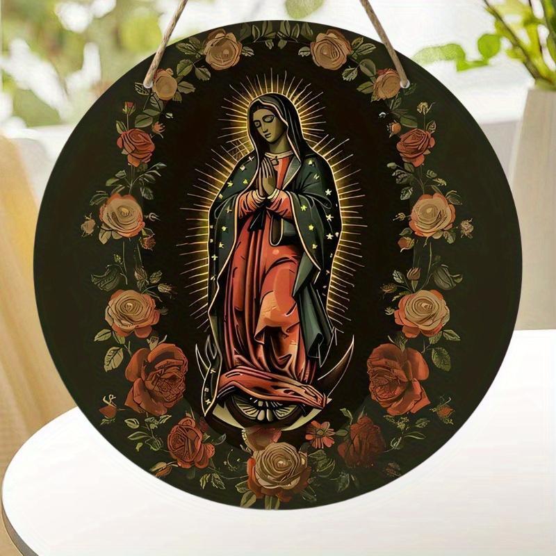 Vintage Virgin Mary Pattern Hanging Sign, Round Wooden Hanging Decoration, Wall Art Decoration, Farmhouse Porch Decor, Home Decor