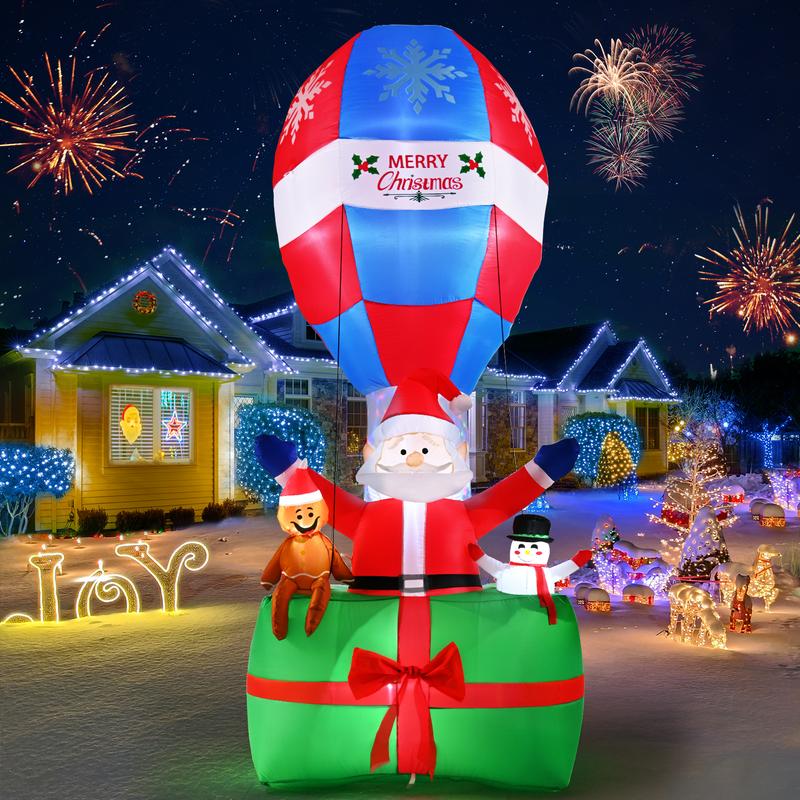 9 FT Christmas Inflatables Outdoor Decoration, Colorful Dynamic LED Lighted Santa with Gingerbread Man and Snowman, Gift Box with Giant Balloon Blow Up Yard Decorations for Xmas