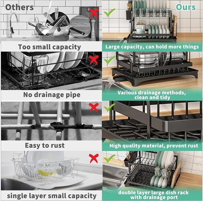 Dish Drying Rack, 2 Tier Large Dish Drying Rack for Kitchen Counter with Drainboard Stainless Steel Dish Drainer for Dish Knifes Cup Cutting Board